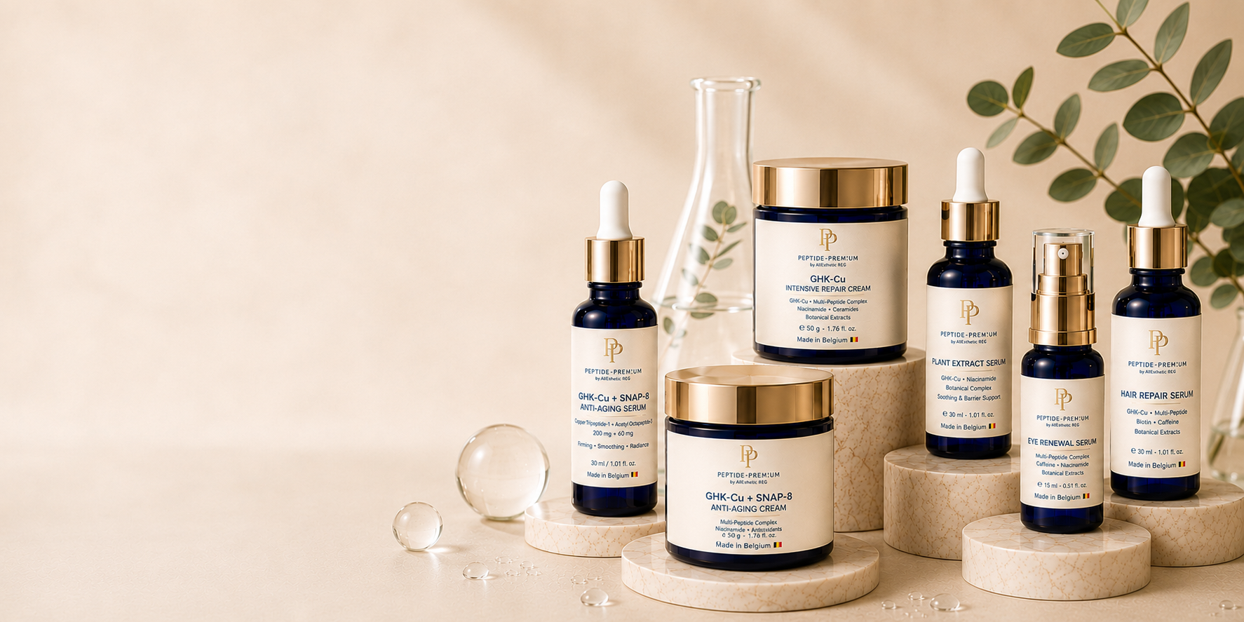 Linha completa de skincare PEPTIDE-PREM!UM — séruns e cremes com peptídeos